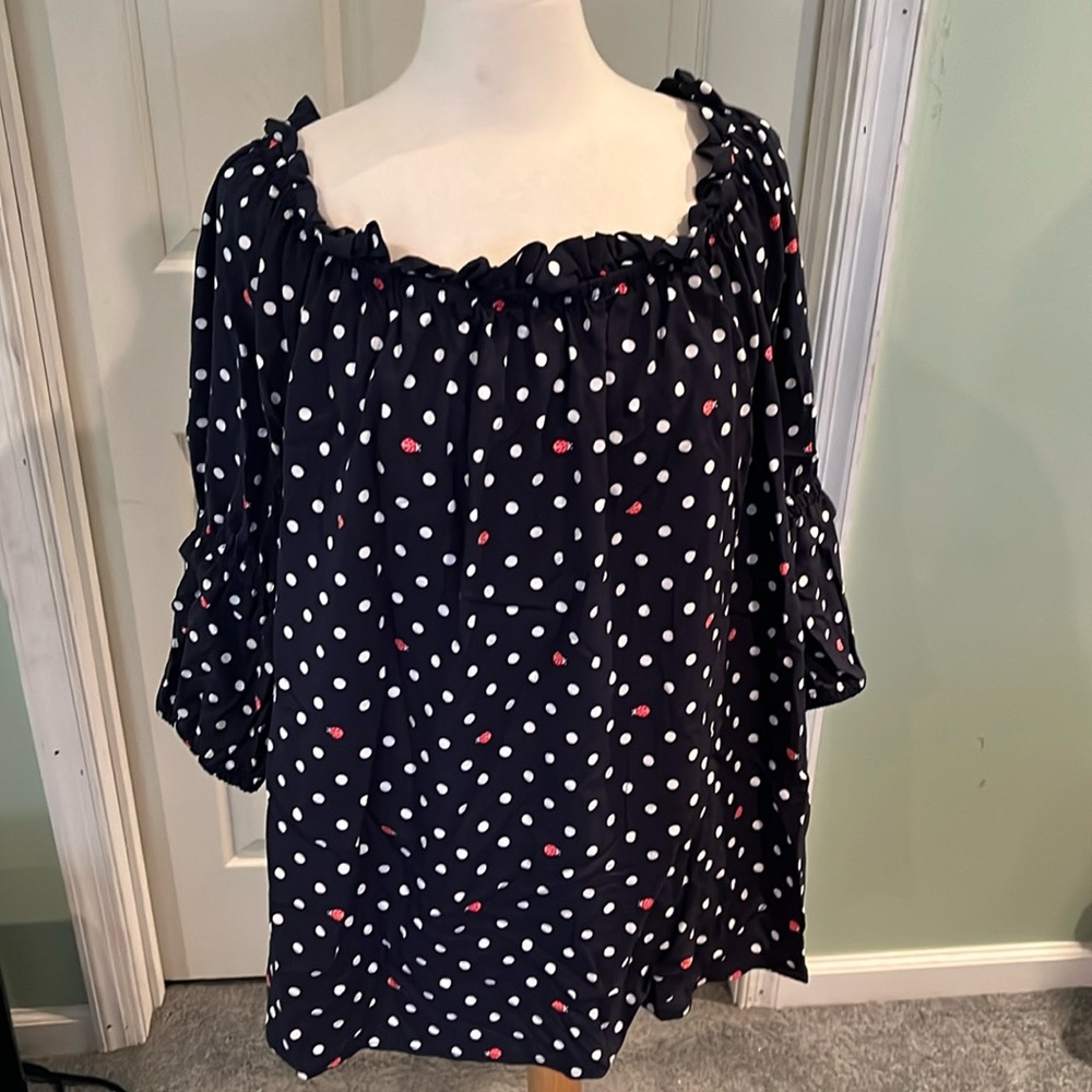 NWOT ladies blouse navy blue polka dot with lady bugs.